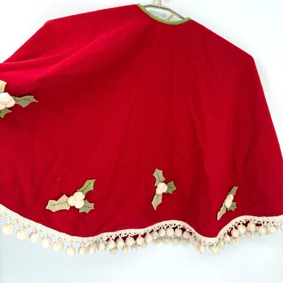 Restoration Hardware RH Vintage Red Wool Christmas Tree Skirt Holly Pompoms 54" - Picture 6 of 9